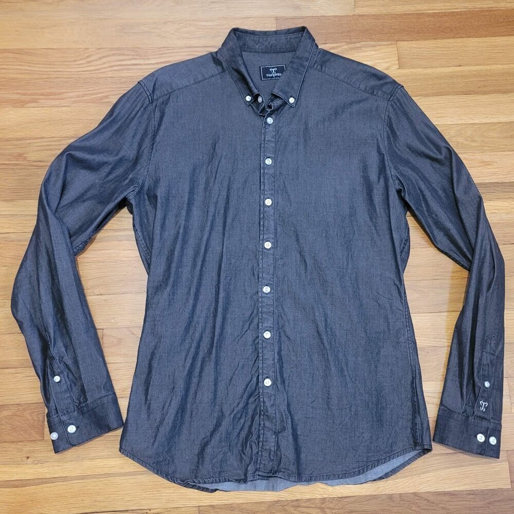Black Denim Tapered Fit Shirt Large Men's Button Down Longsleeve Stretch Cotton